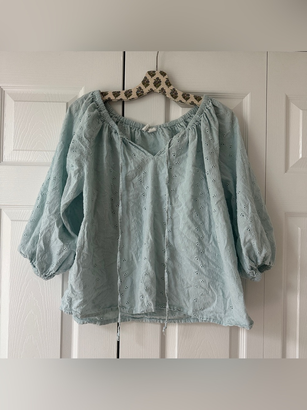 Blue Cutout Floral Pointelle Cotton Blouse
